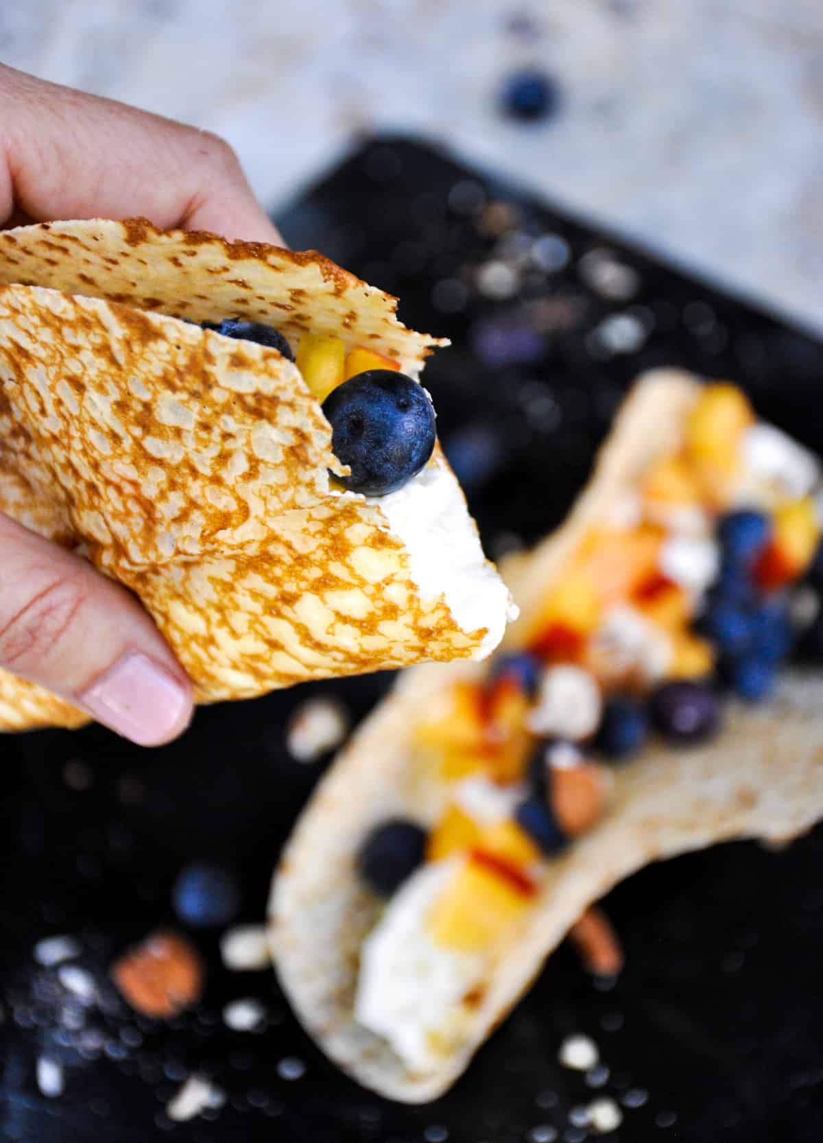 Dessert tacos with nectarine and blueberry