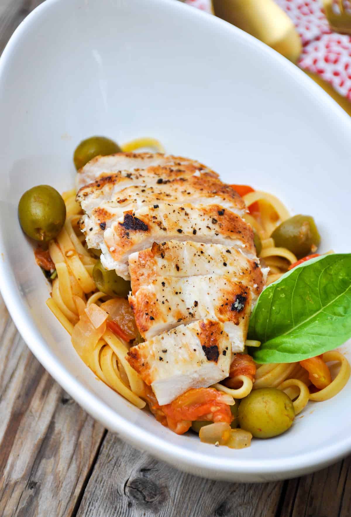 Pasta Puttanesca with Green Olives & Chicken