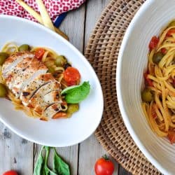 Pasta Puttanesca with Green Olives and Chicken