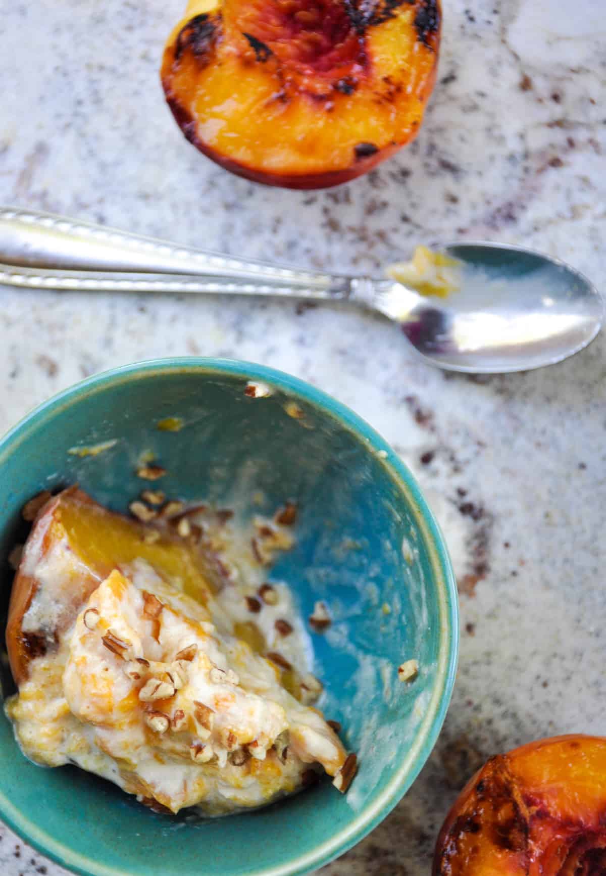 Canned Peach Ice Cream atop Fresh Grilled Peaches