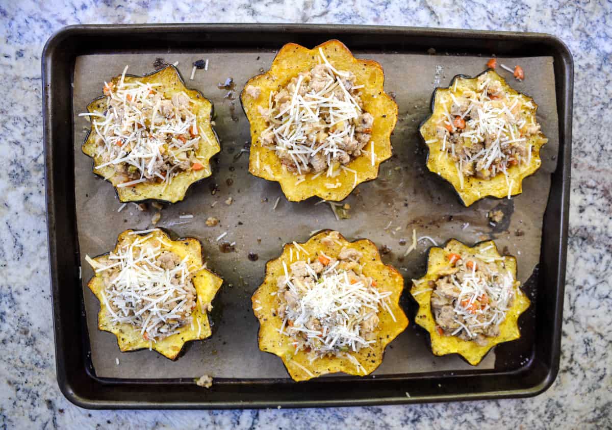 Roasted Acorn Squash stuffed with ground turkey, pears and parmesan! 