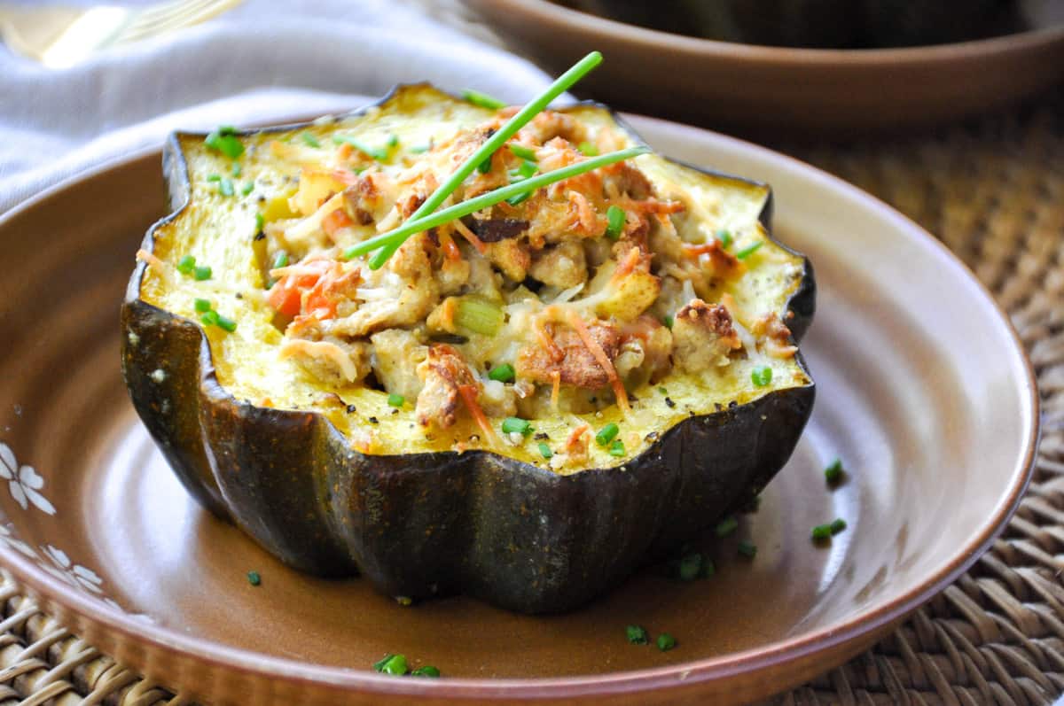 Roasted Acorn Squash stuffed with ground turkey, pears and parmesan