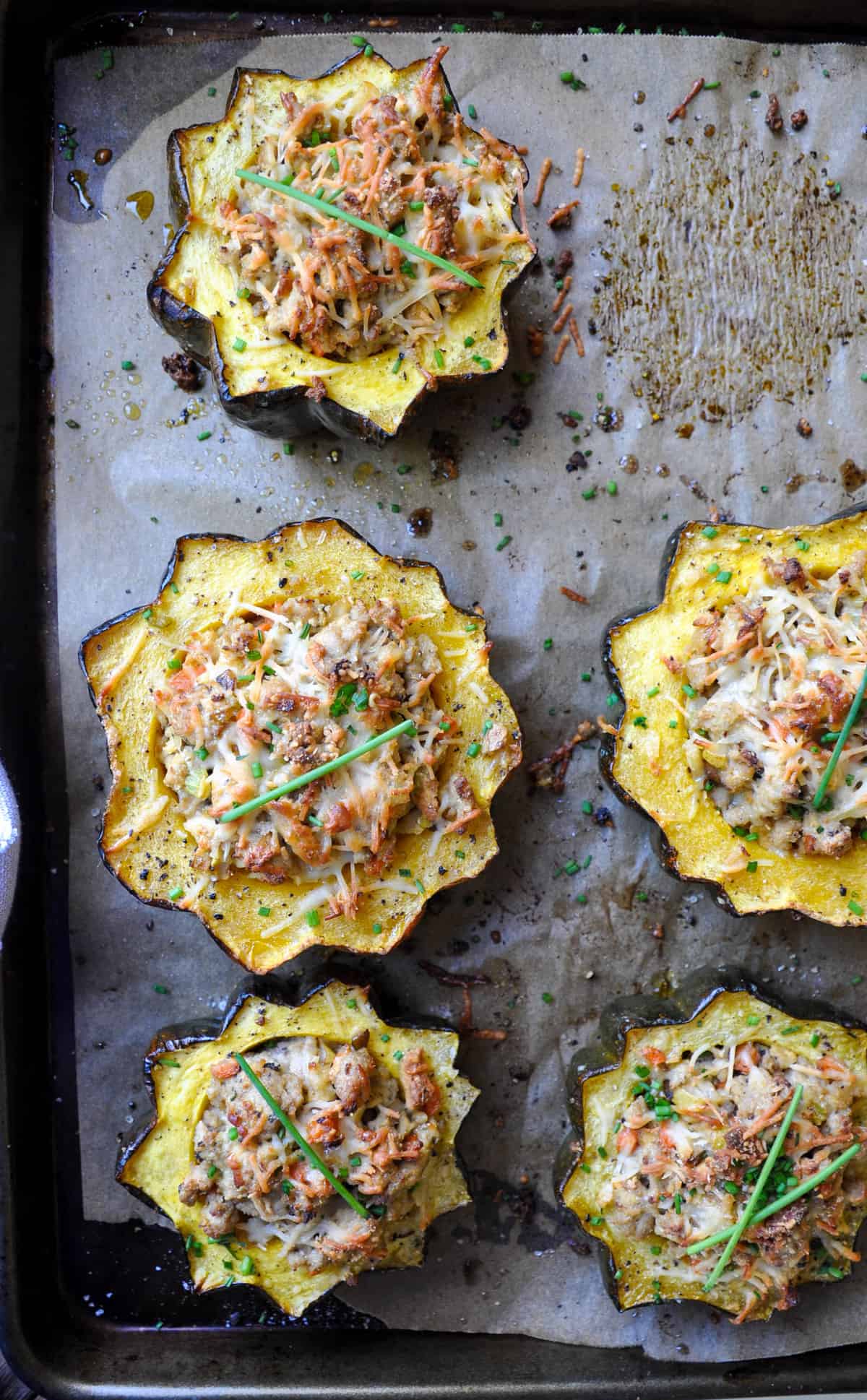 Roasted Acorn Squash stuffed with ground turkey, pears and parmesan! So dang yummy and the epitome of Fall dinner.