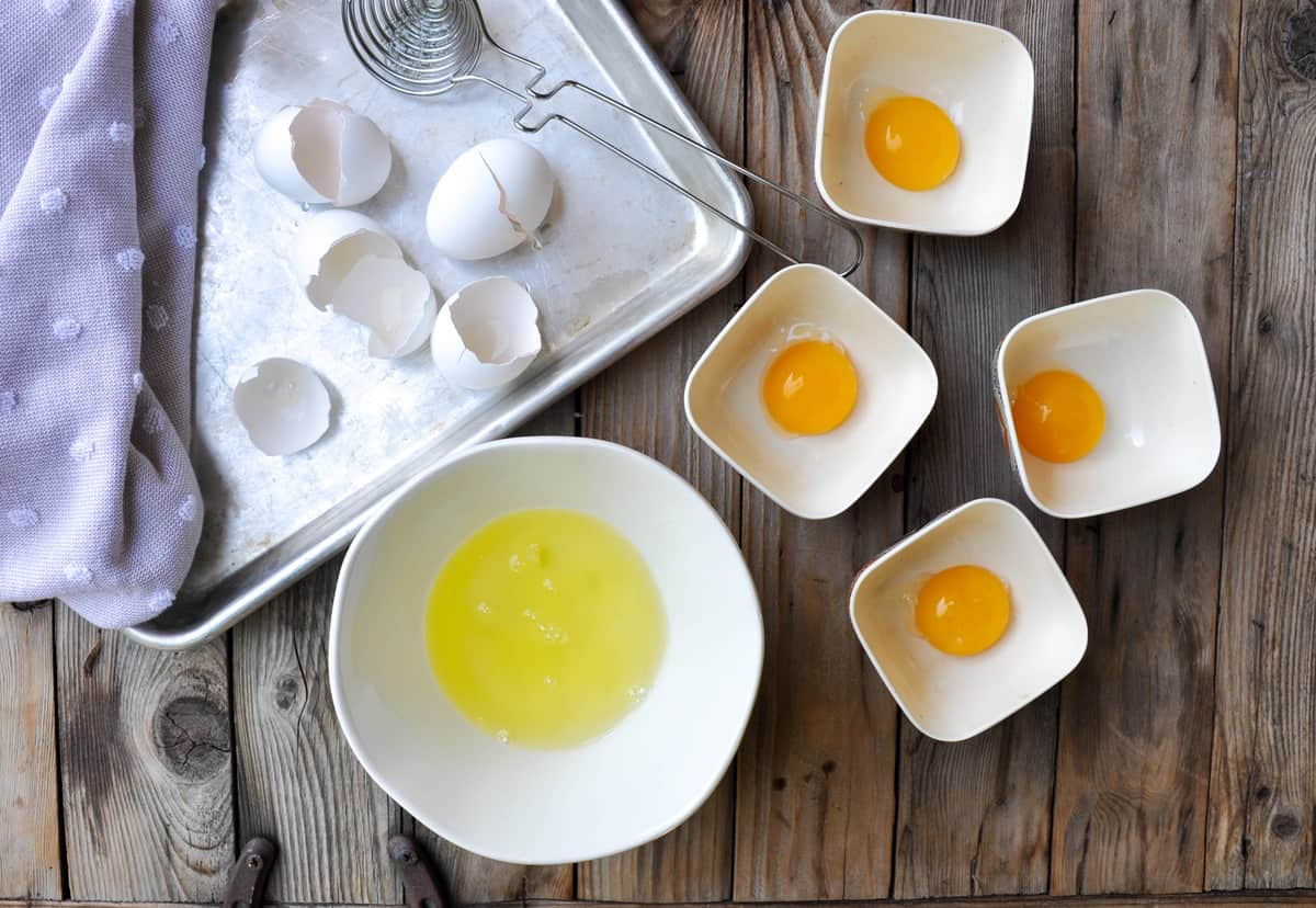 Put each egg yoke in its own bowl, and egg white in another dish