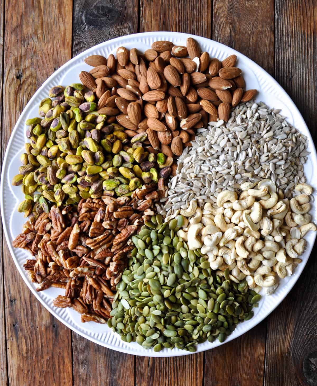 Nuts:  Pecans, almonds, pistachios, sunflower seeds and pumpkin seeds (pepitas).