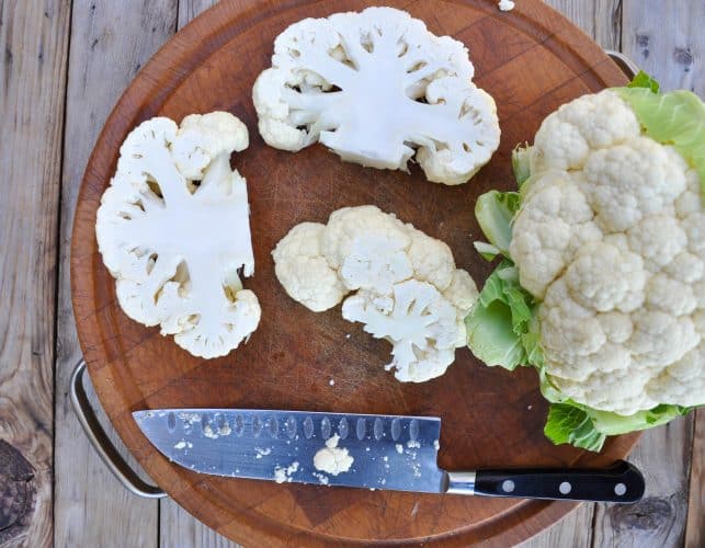 This shows how to cut cauliflower steaks for our recipe for cauliflower steaks.