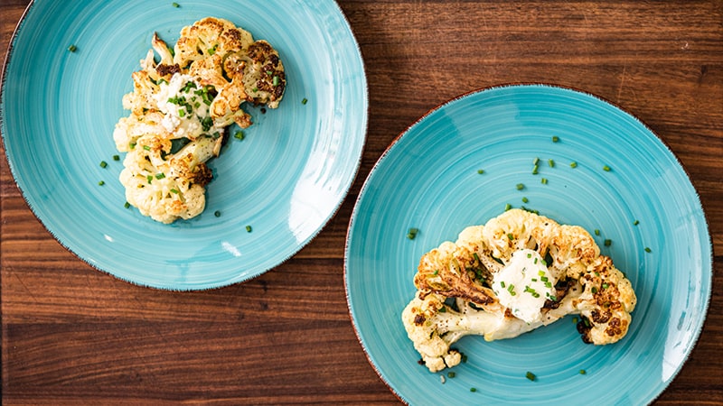 Two servings of oure recipe for cauliflower steaks. 