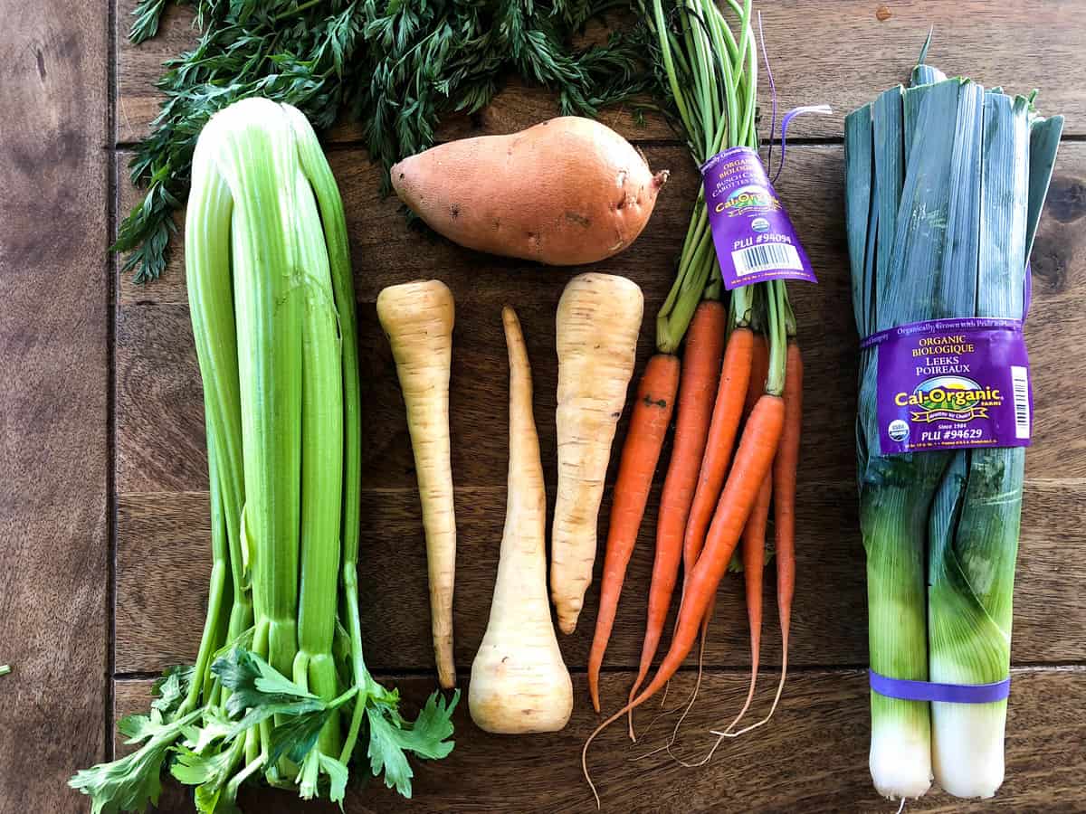 Ingredients: celery, parsnips, leeks, sweetpotato, garlic, and shallots