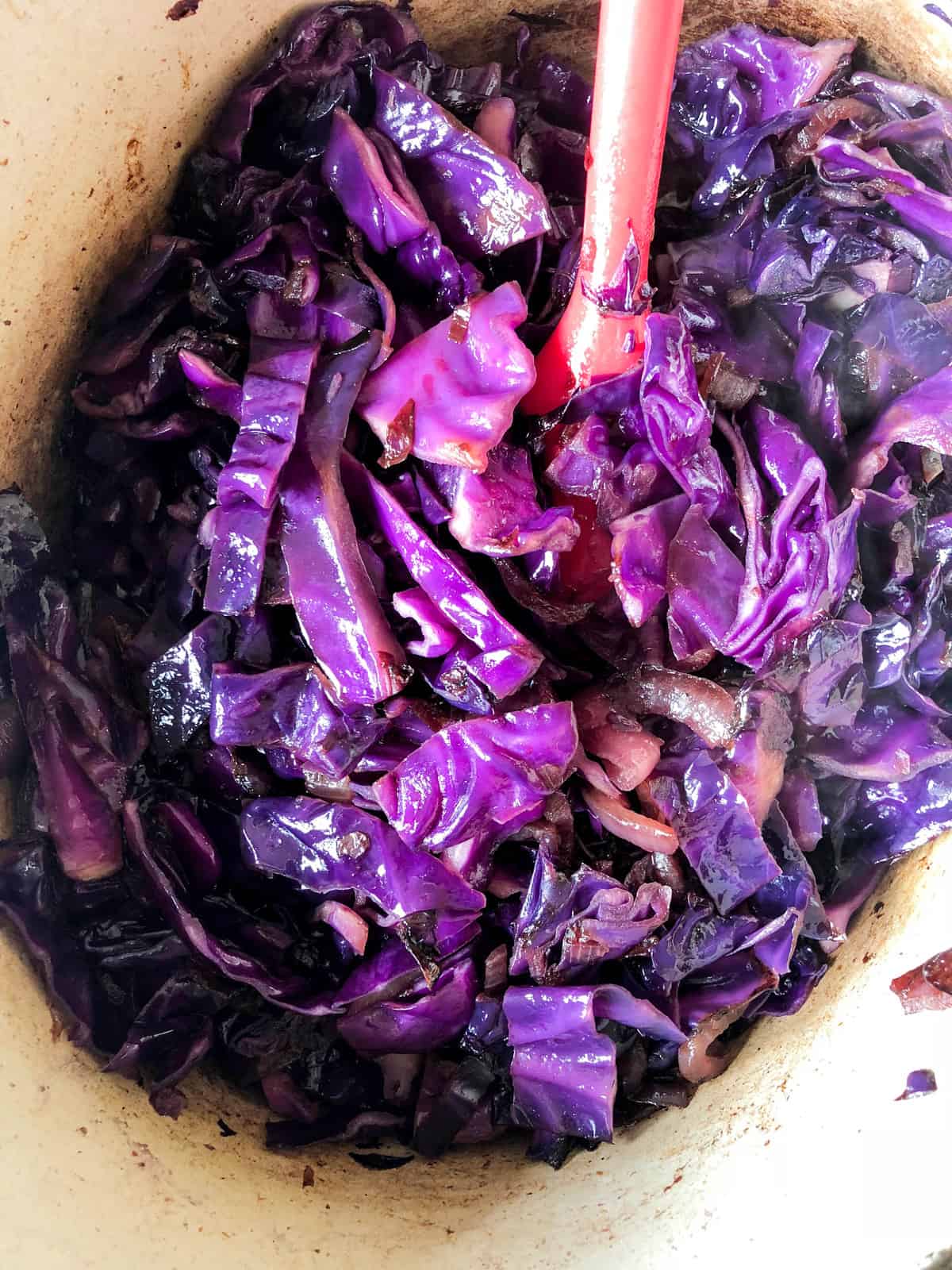 Shredded cabbage with red onion in pot
