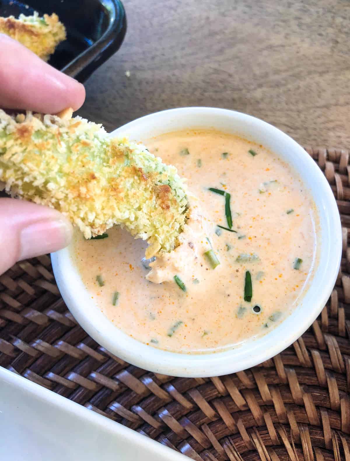 Avocado Fries dunked in chipotle ranch 