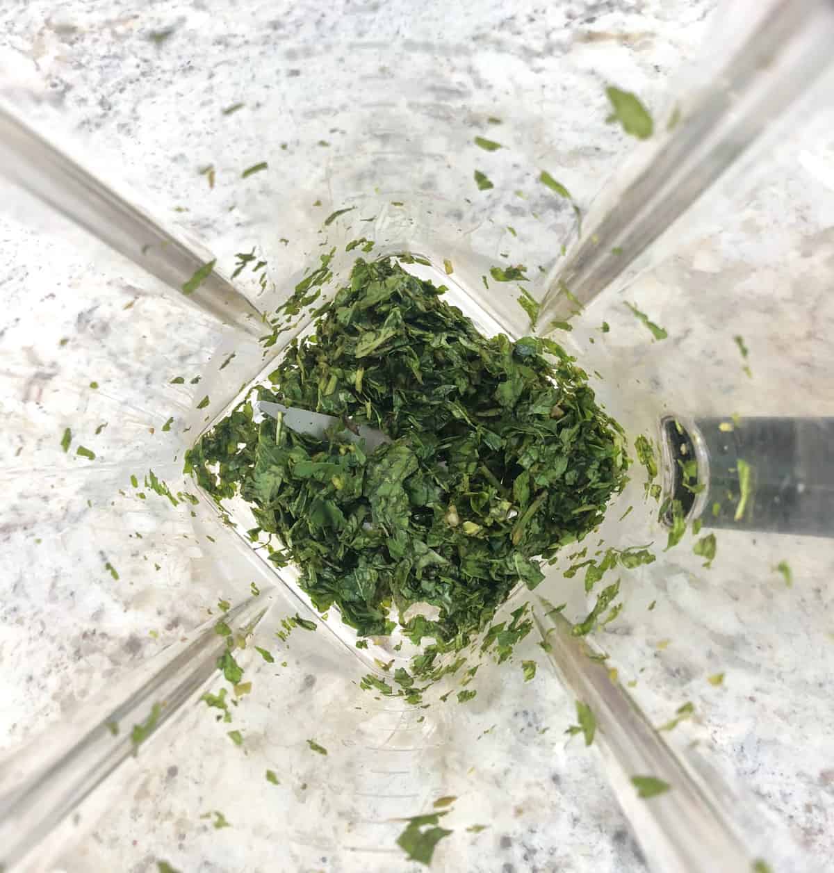 Throw the basil into a blender, stems and all, and chop fine.