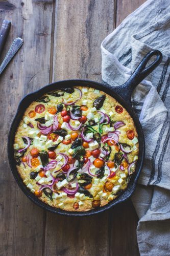 Farmers Market Cornbread . This tomato recipe  is a cornbread base loaded with fresh cherry tomatoes, peppers, cheeses, and onions then baked until golden  brown.