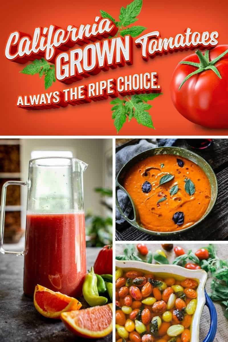 A graphic for California Grown featuring tomato recipes