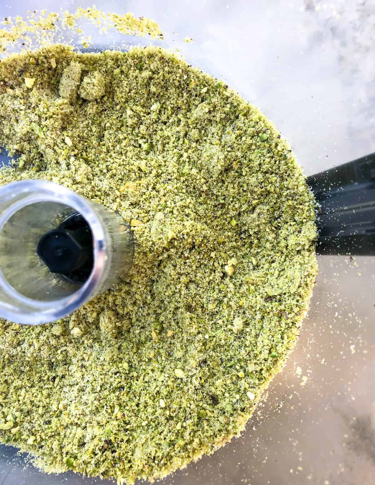 We grind them together in a food processor until it forms a nice crumble.