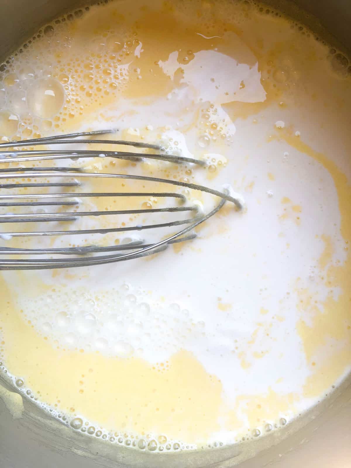 In a large saucepan, mix the egg yolks with the sugar and whisk over medium heat until thickened.