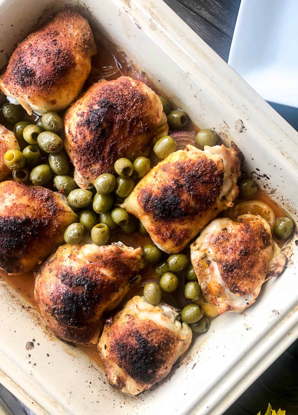 Roast chicken with lemons, paprika and green olives