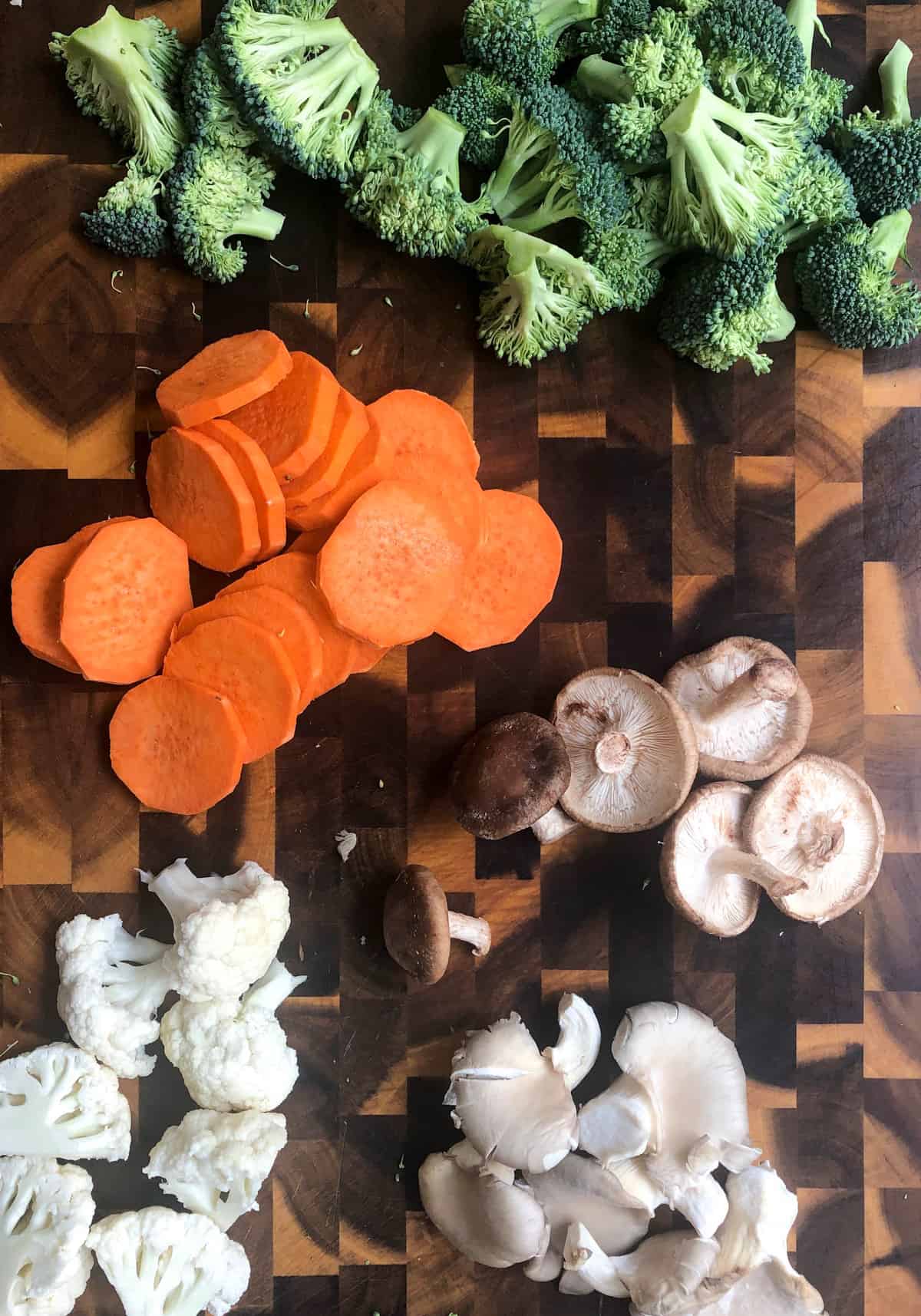 cauliflower, broccoli, sweetpotatoes, and mushrooms.