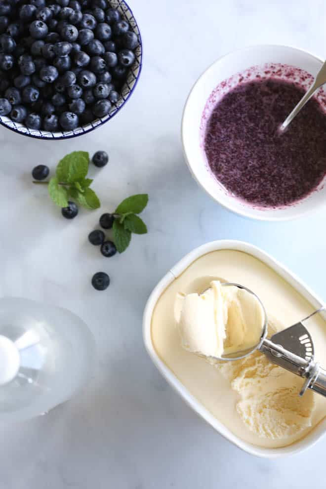 Ice cream, blueberries, blueberry sauce 