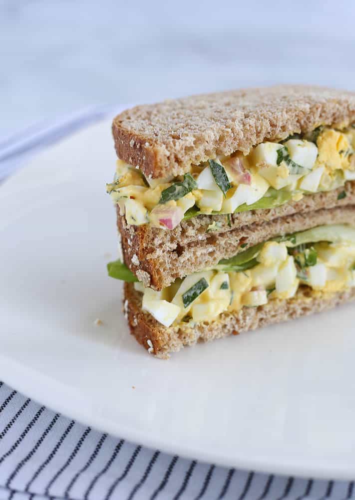 egg salad sandwich cut in half