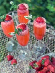 strawberry spritzer cocktail with strawberry garnish