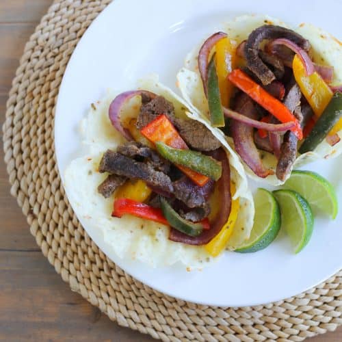 low carb steak and veggie fajitas in spicy cheese bowls
