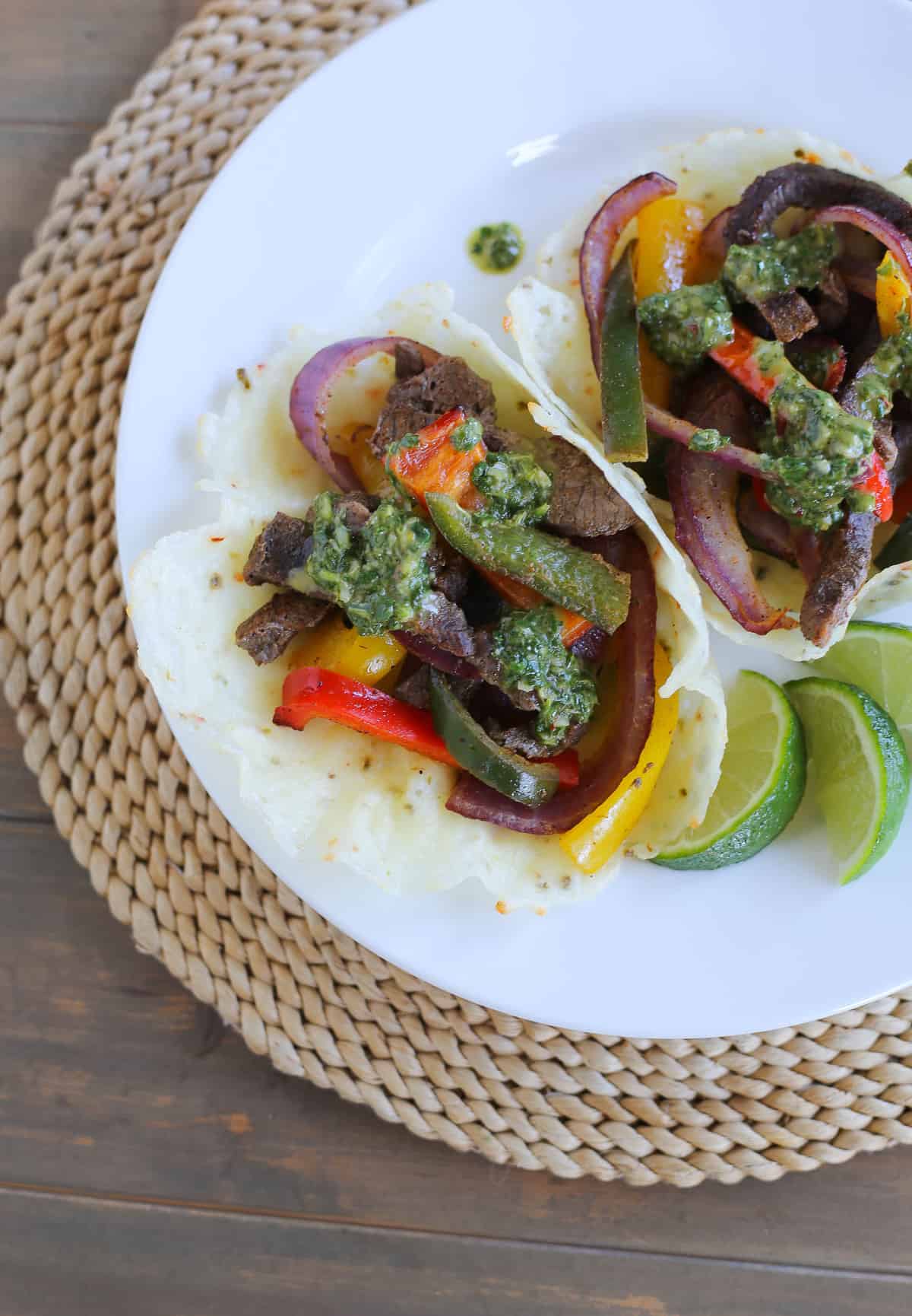 low carb steak and veggie fajitas in spicy cheese bowls