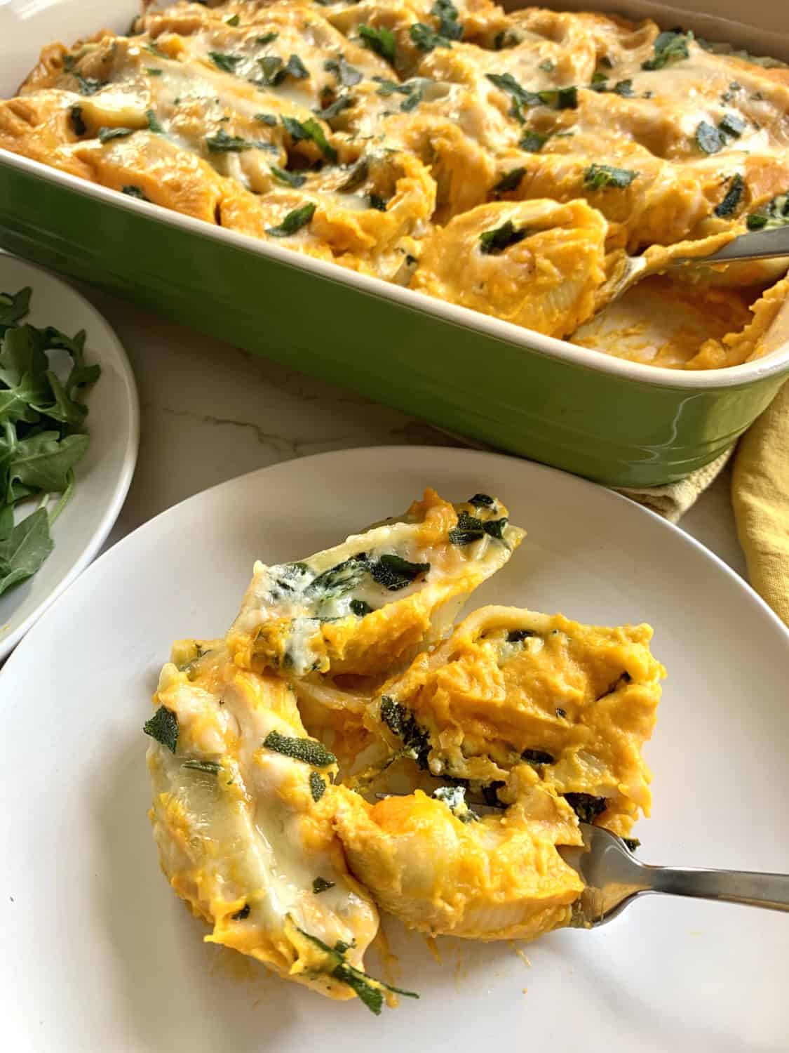 Plated stuffed shells with butternut squash