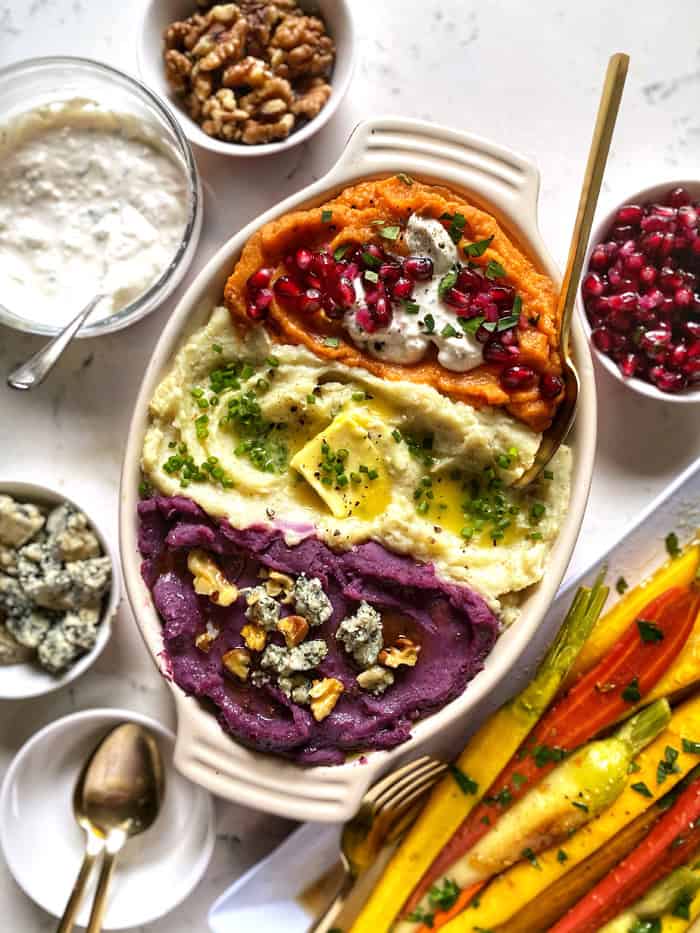 whipped potato trio in a white casserole dish