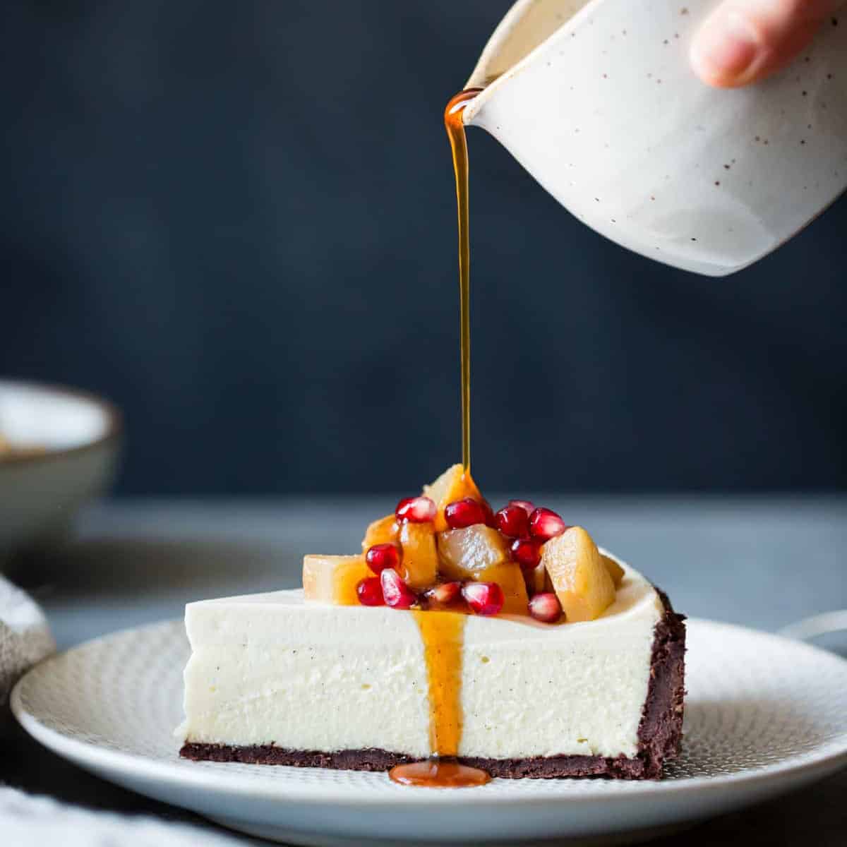 Chocolate Crust Cheesecake with Pears and Pomegranates