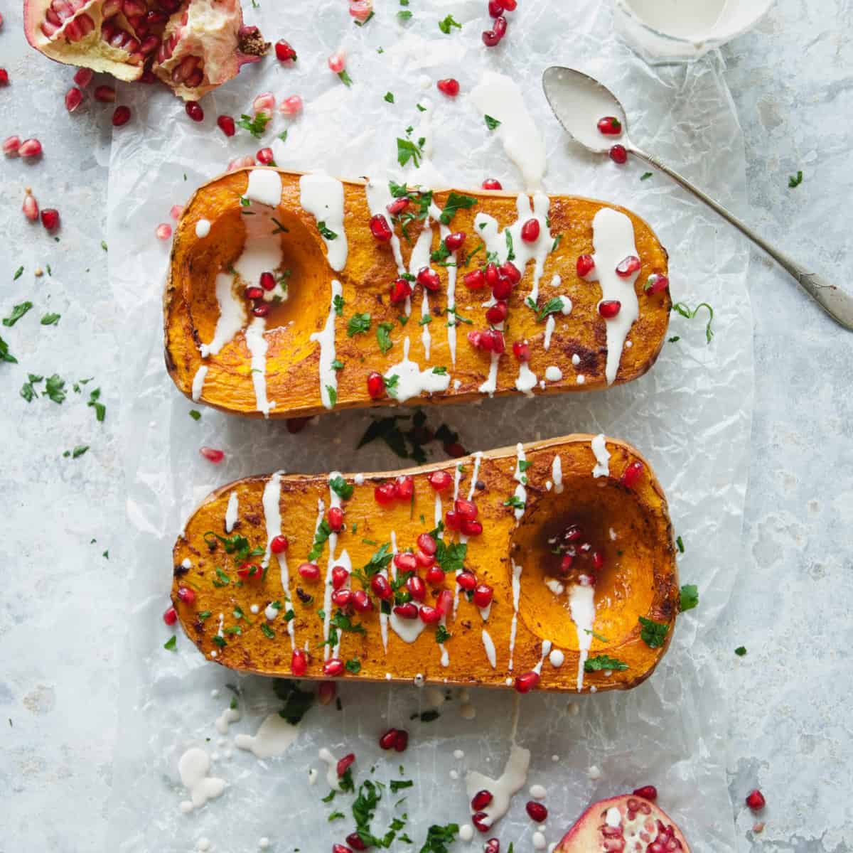 Maple Roasted Butternut Squash with Cream and Pomegranate from Sweet Laurel