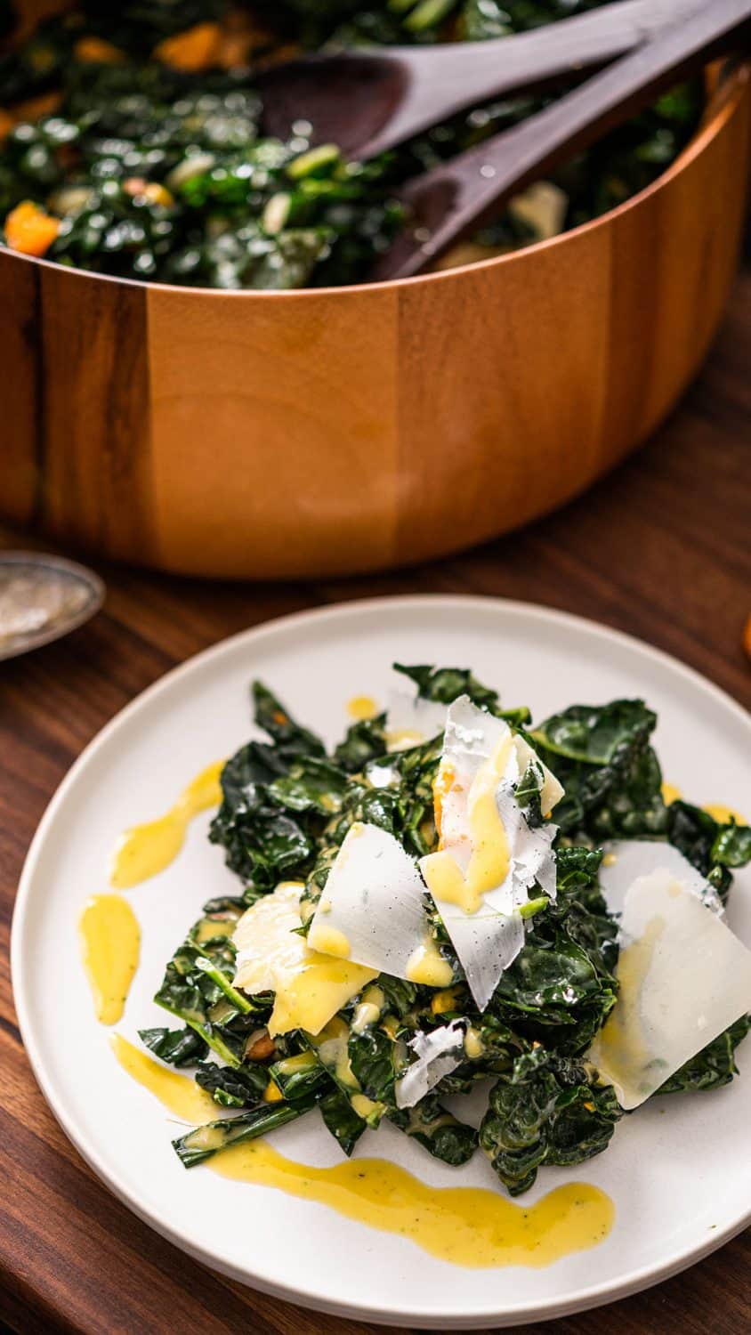 Plated Kale, Tangerine, and Pistachio Salad.