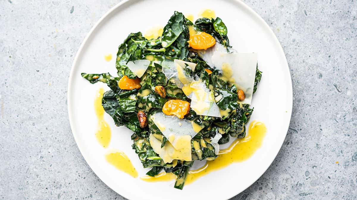 A Sensational Kale, Tangerine, and Pistachio Salad.