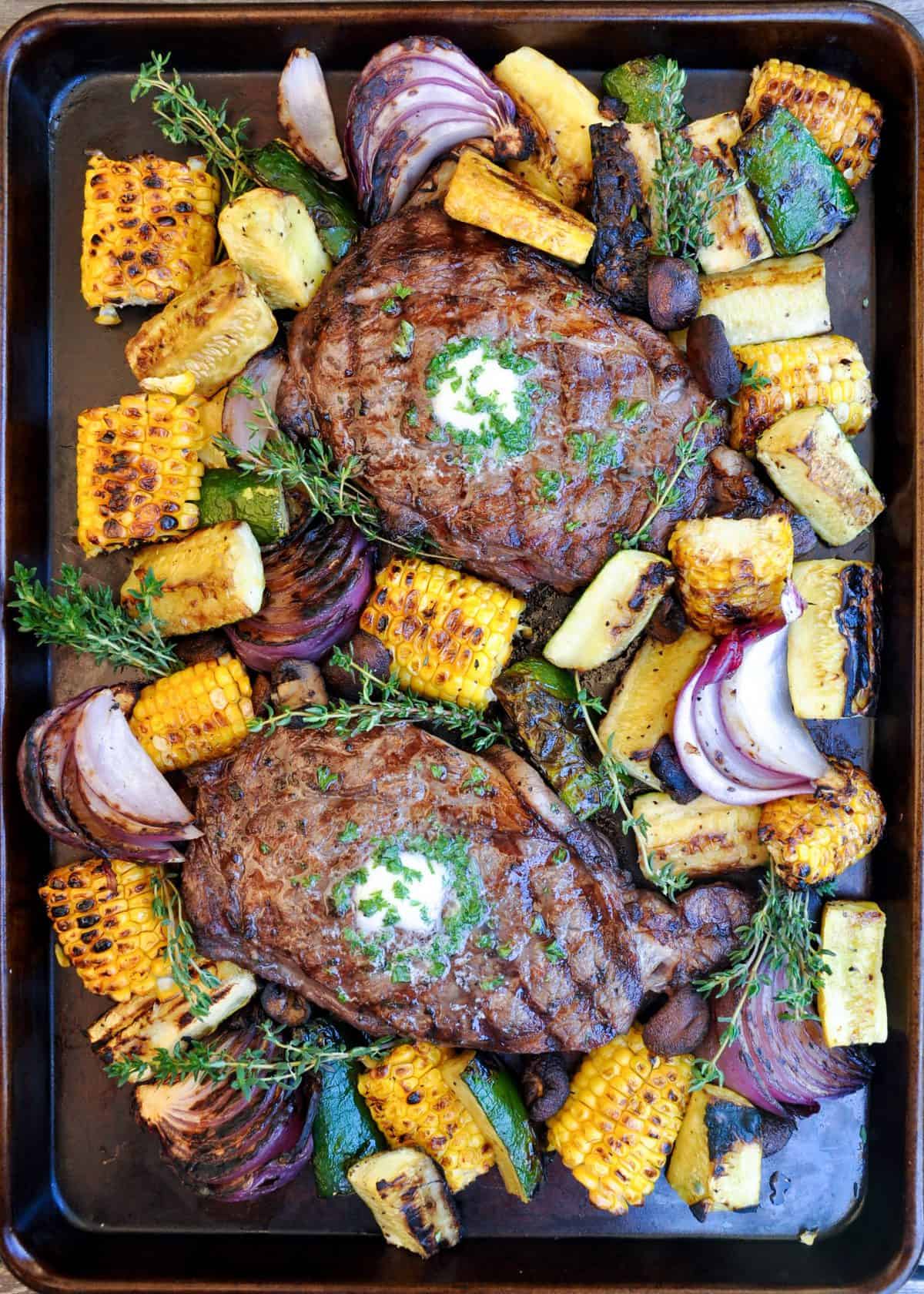 Easy Wine Marinated Steak Recipe with California Olive Oil, Fresh Herbs and Grilled Vegetables