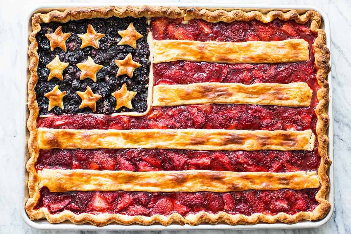 A sheet pan pie that looks like the American flag. A truly patriotic red, white and blue desserts. 