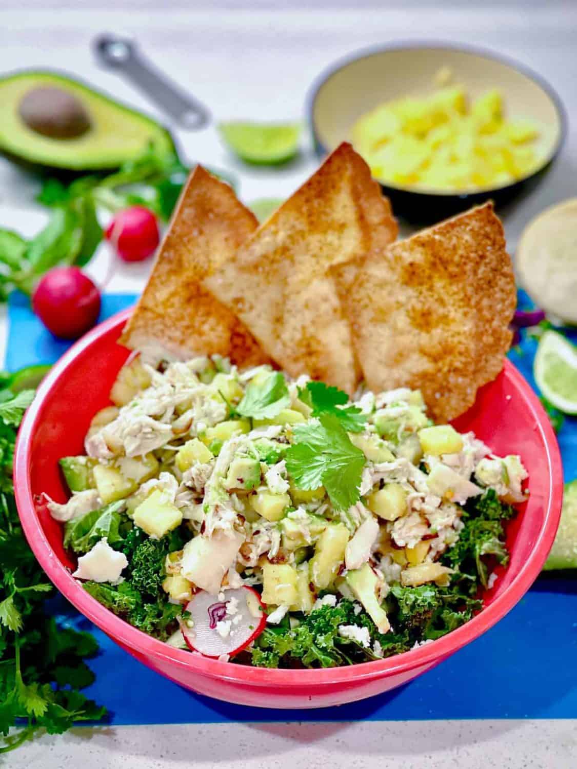 Tropical Chicken Tostada Salad recipe with leafy greens 