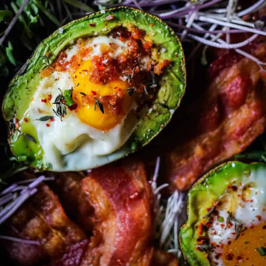 A close up of Avocado Baked Eggs. This recipe is part of a California avocados recipes round up. 
