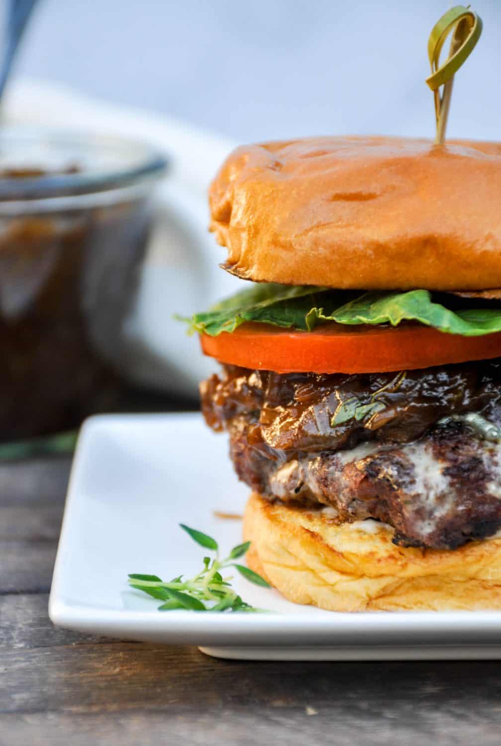 burger with prune onion jam