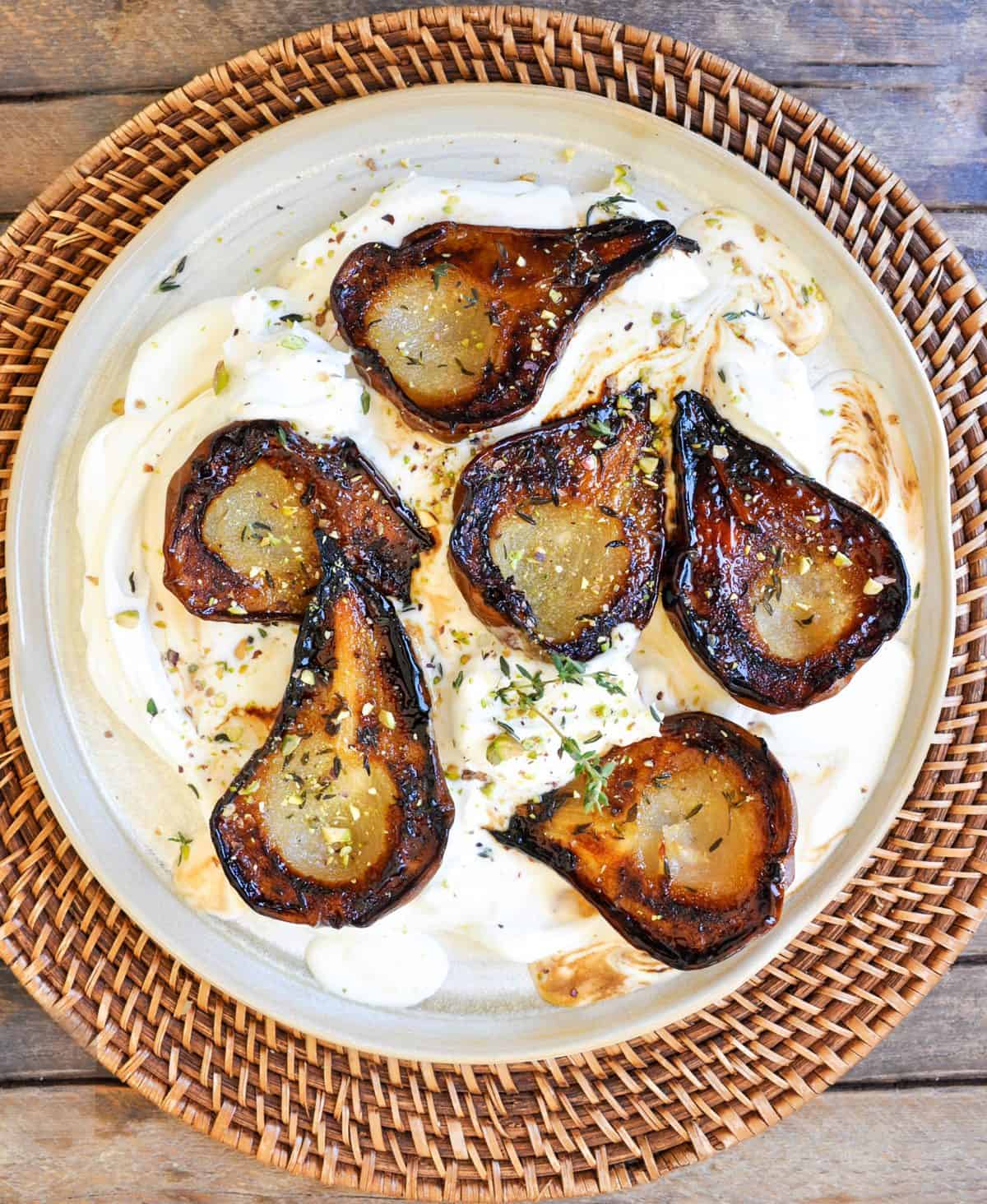 Honey Thyme Roasted Pears with Maple Cream