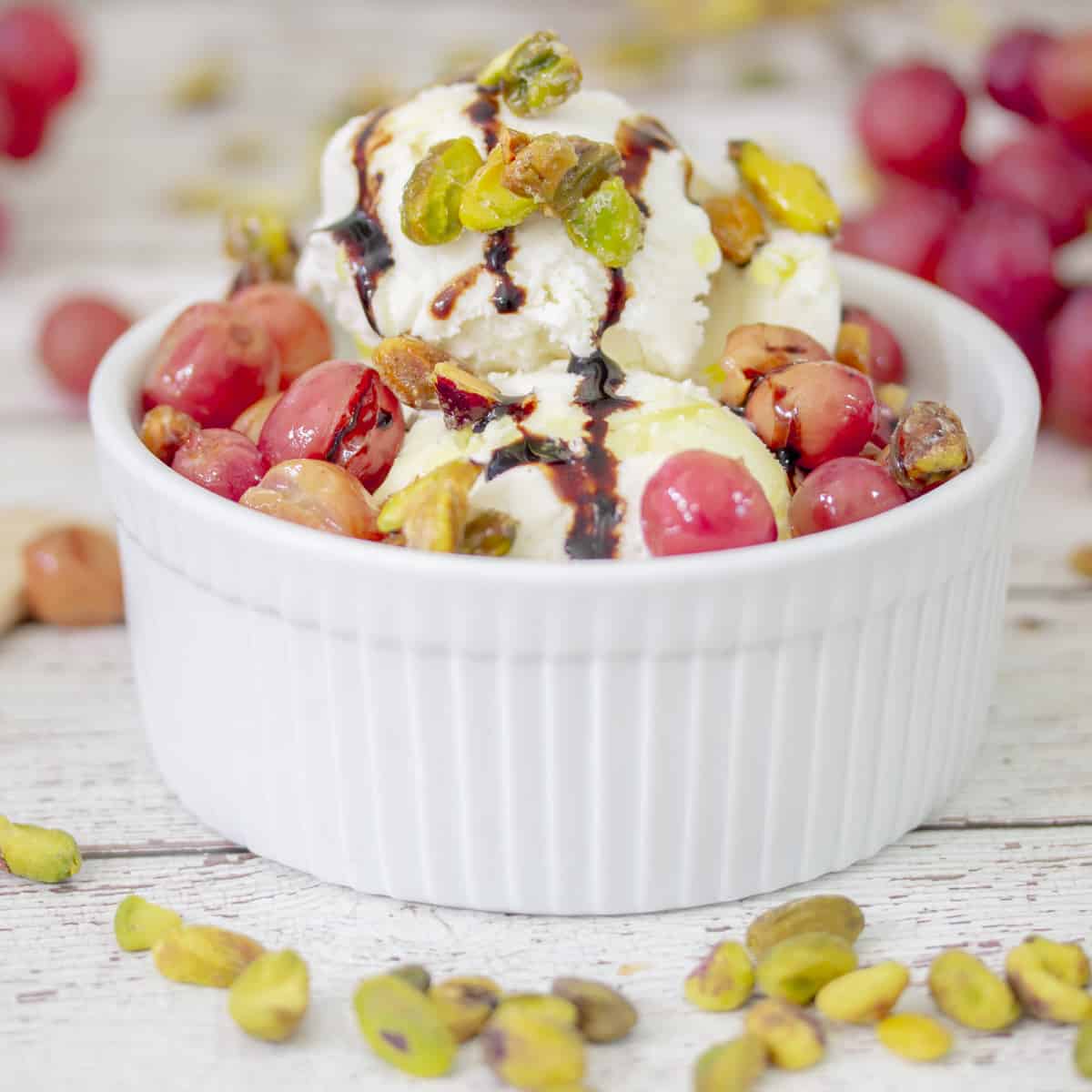 Ice Cream Sundae with Grapes and Pistachios