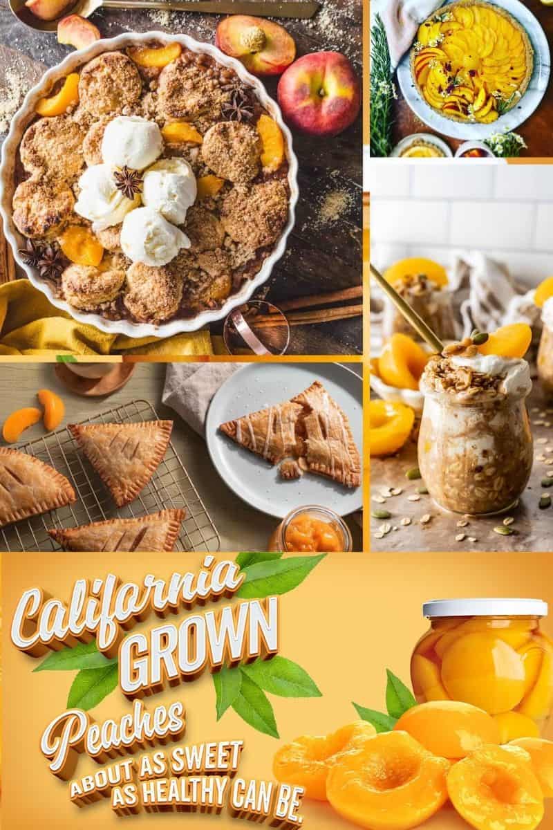 A photo collage of 4 recipes that use canned peaches