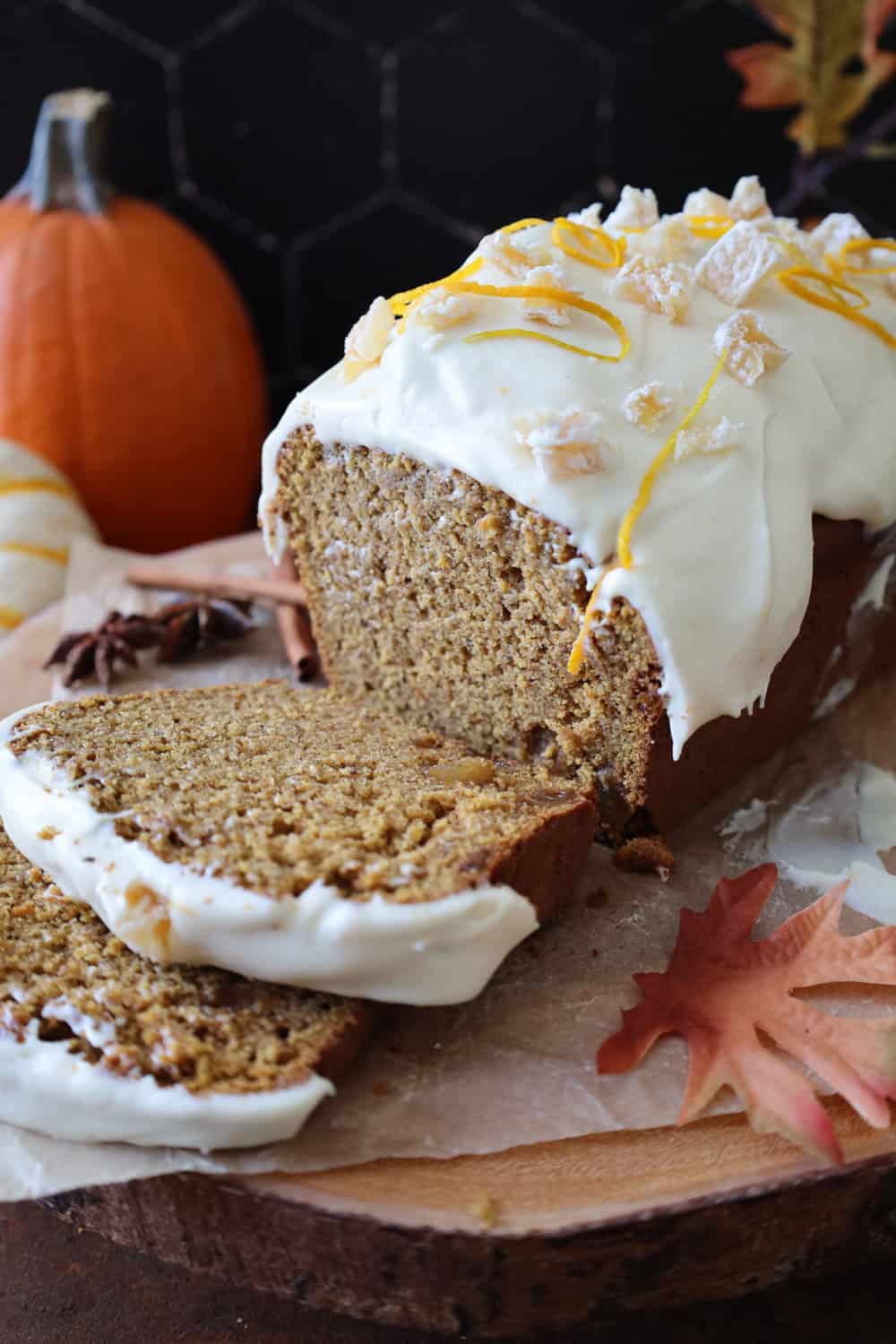 gluten free pumpkin loaf cake with cream cheese frosting