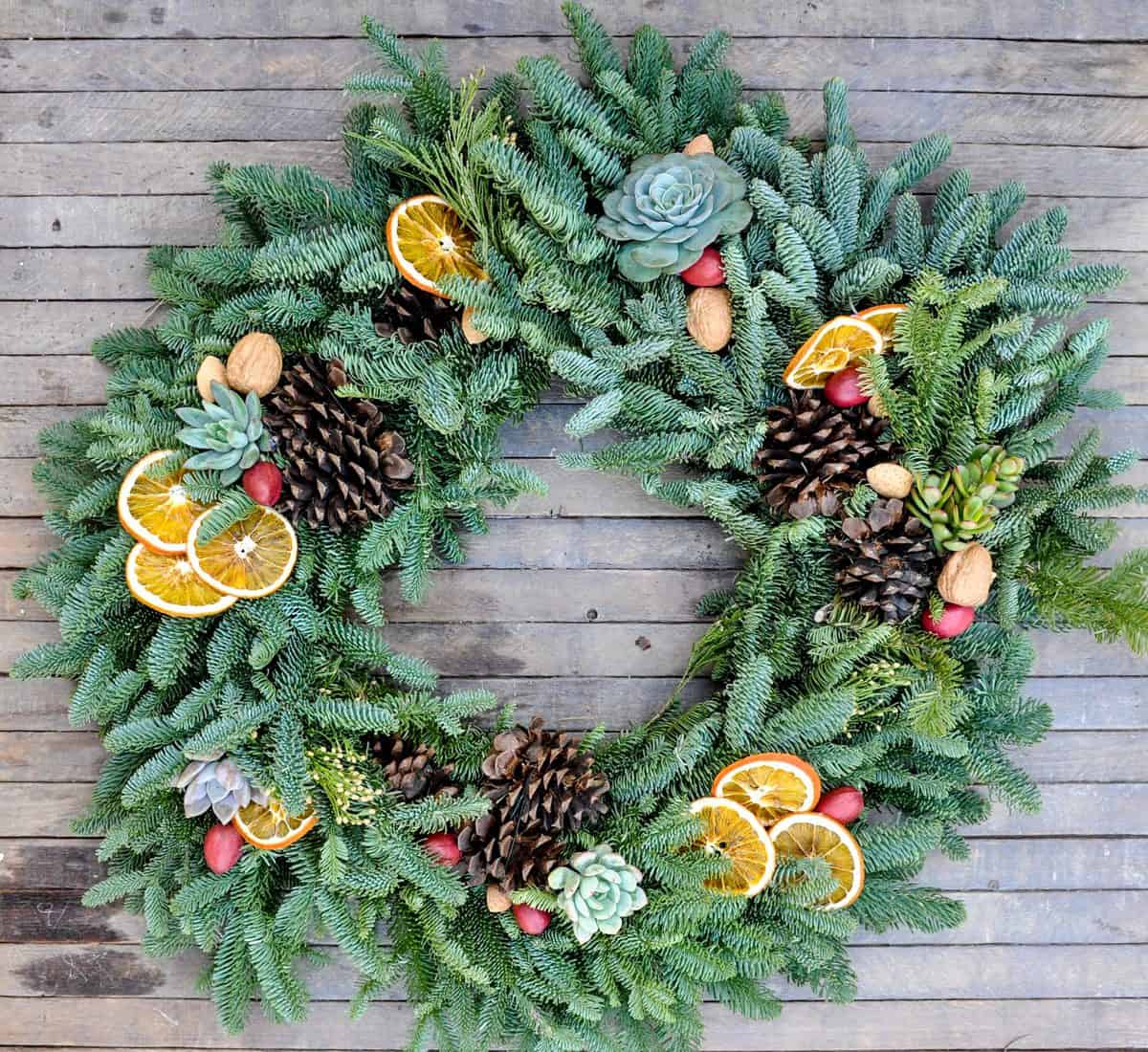 Fresh Wreath with Dried Citrus, Whole Nuts and Succulents - California Grown