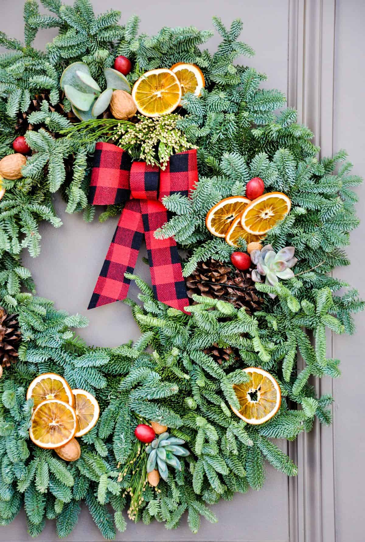 Fresh Wreath with Dried Citrus, Whole Nuts and Succulents