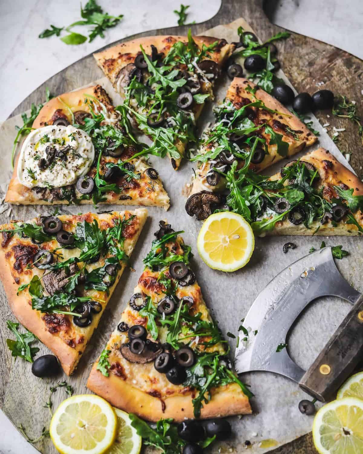 Cheesy Olive Pizza with Mushrooms and Buratta