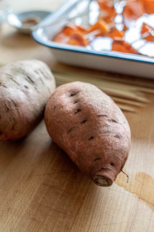 The appropriate sized sweet potatoes for making Hasselback Sweet Potato Skewers.