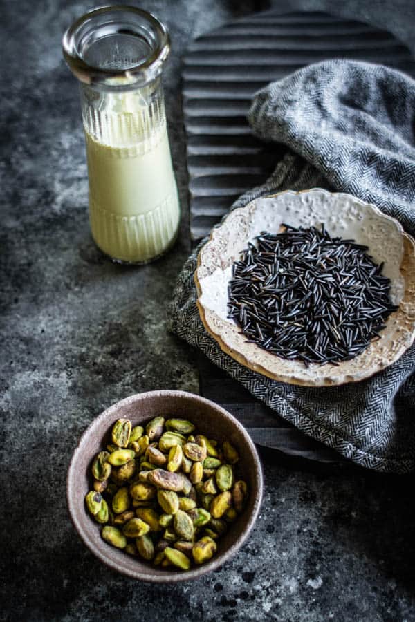 These are the key ingredients needed to make this easy rice pudding recipe from scratch, wild rice and pistachio milk.  