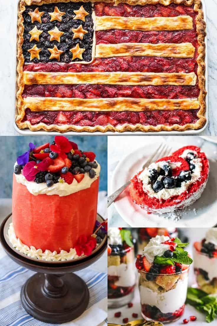 A collage of 4 different red, white and blue desserts.