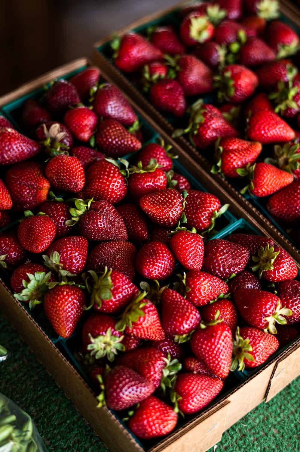 Crates of strawberries after being harvested.