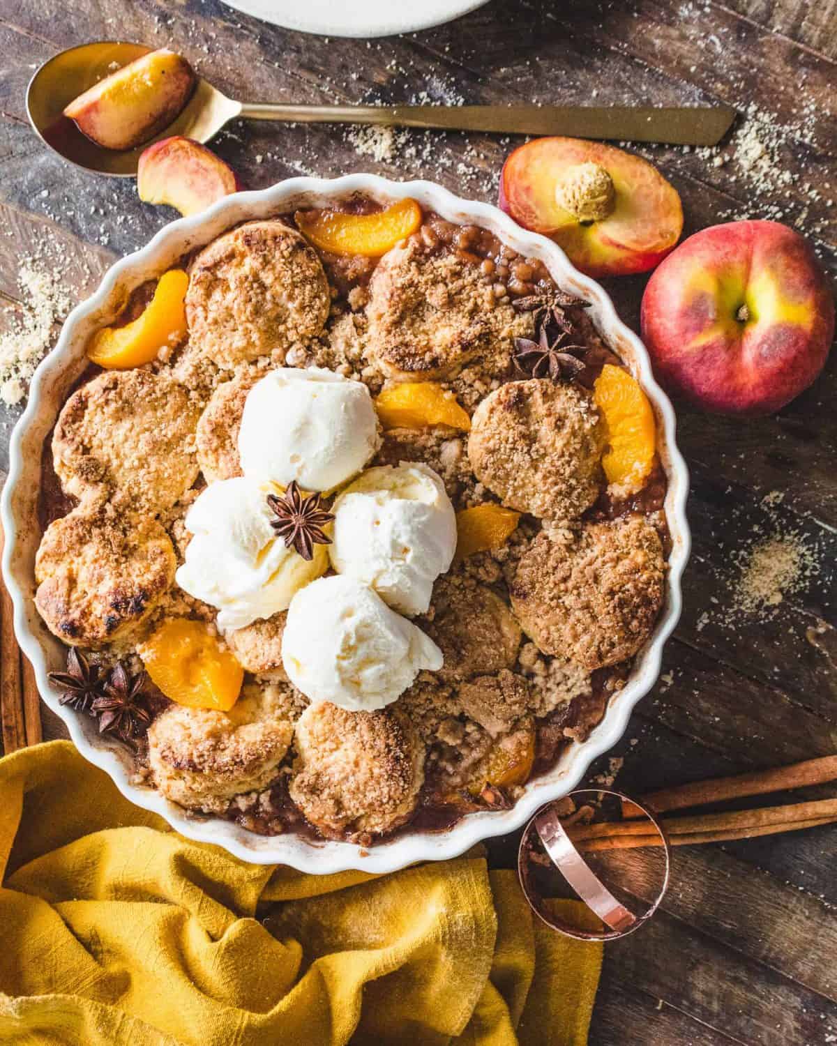 Vegan Peach Cobbler with cling peaches