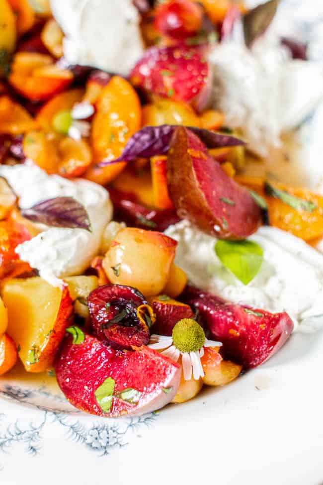 A close up image of a variety of stone fruit, chopped and tossed with a citrus basil dressing and served with burrata.